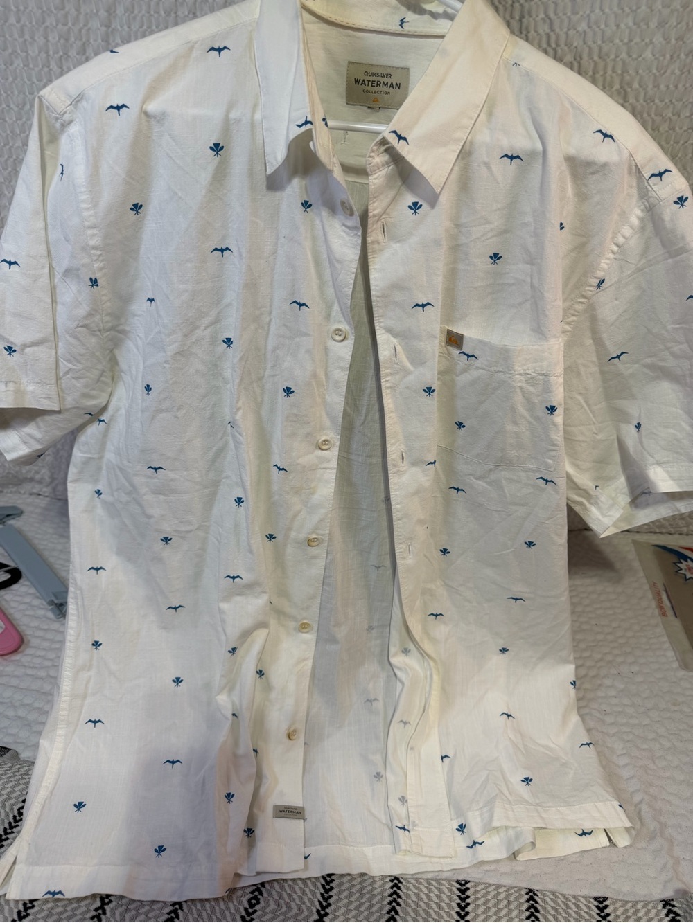 Quiksilver White Short-Sleeve Button-Down with Blue Micro Prints